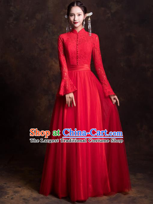 Chinese Traditional Red Lace Xiuhe Suits Ancient Embroidered Wedding Dress for Women