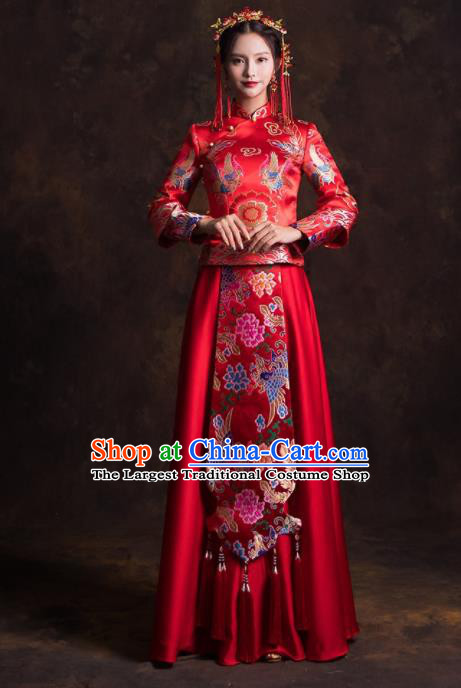 Chinese Traditional Red Satin Xiuhe Suits Ancient Bride Embroidered Wedding Dress for Women