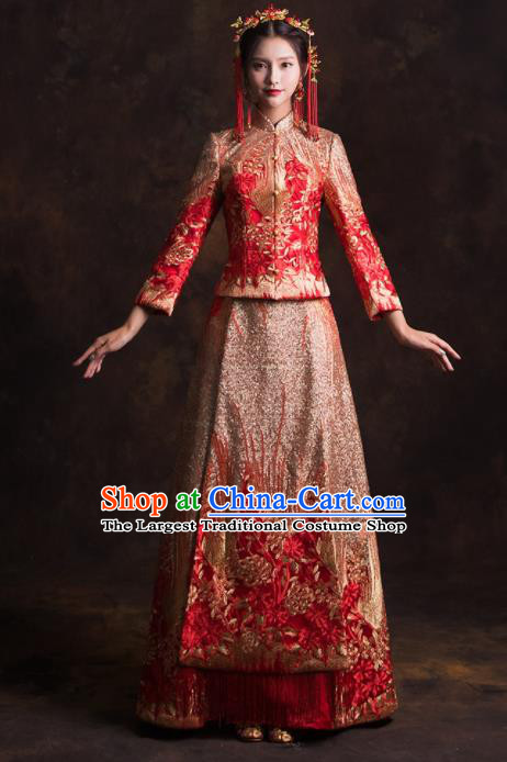 Chinese Traditional Golden Phoenix Xiuhe Suits Ancient Bride Embroidered Wedding Dress for Women