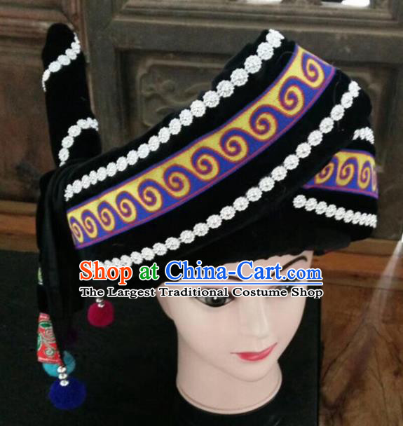 Chinese Traditional National Hat Ethnic Yi Nationality Black Hat for Men