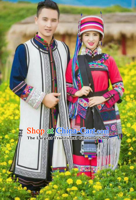 Chinese Traditional National Ethnic Wedding Costumes Yi Nationality Bride and Bridegroom Embroidered Clothing