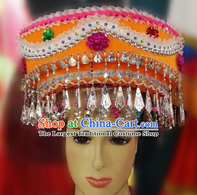 Chinese Traditional National Hat Ethnic Miao Nationality Orange Hat for Women