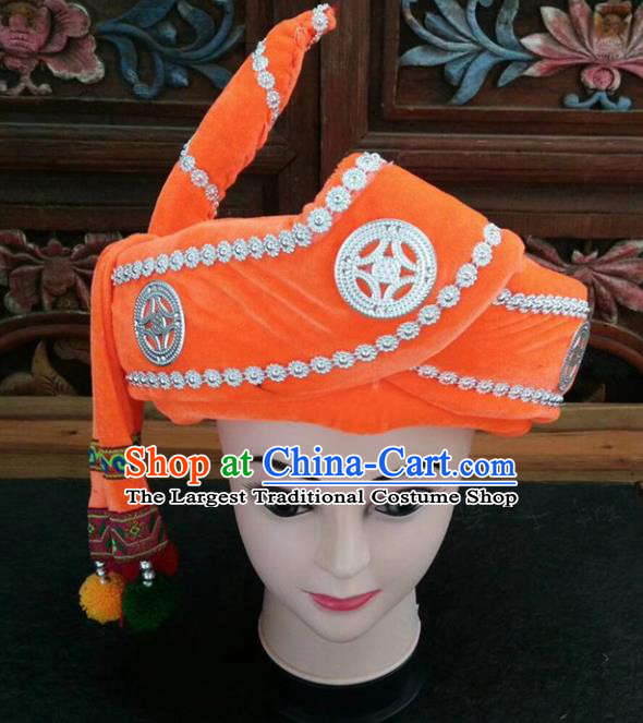 Chinese Traditional National Orange Hat Ethnic Yi Nationality Hat for Men