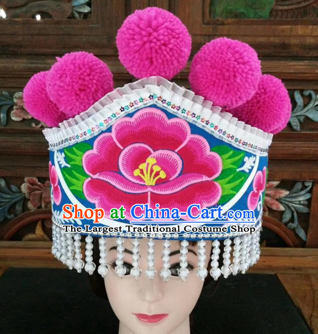 Chinese Traditional National Hat Ethnic Yi Nationality Embroidered Peony Blue Hat for Women