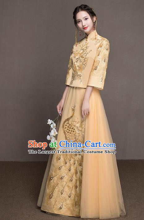 Chinese Traditional Wedding Costumes Ancient Bride Embroidered Peacock Yellow Dress for Women