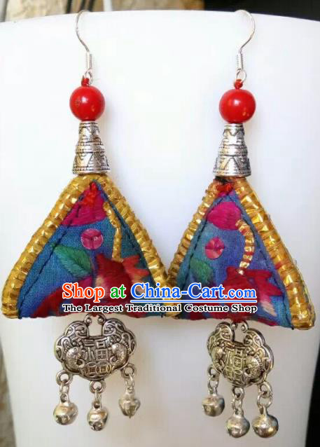 Chinese Traditional National Ear Accessories Ethnic Embroidered Blue Earrings for Women