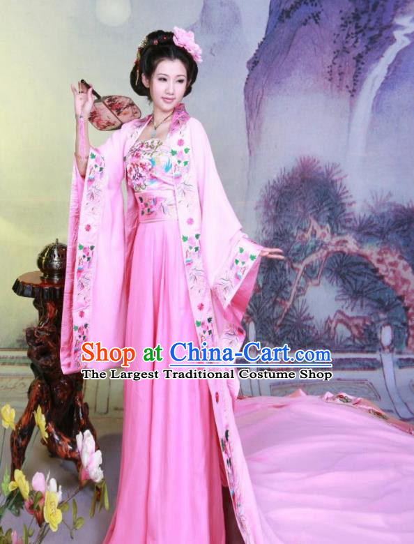 Chinese Ancient Imperial Consort Embroidered Costumes Tang Dynasty Imperial Concubine Pink Hanfu Dress for Women