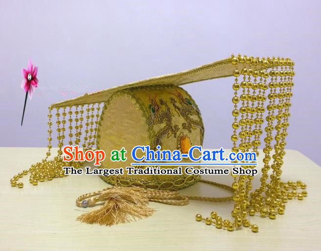 Chinese Traditional Hanfu Headdress Ancient Han Dynasty Emperor Golden Tassel Hat for Men