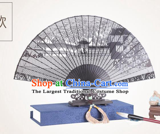 Chinese Traditional Crafts Sandalwood Folding Fans Pierced Suzhou Garden Fans Accordion Fan