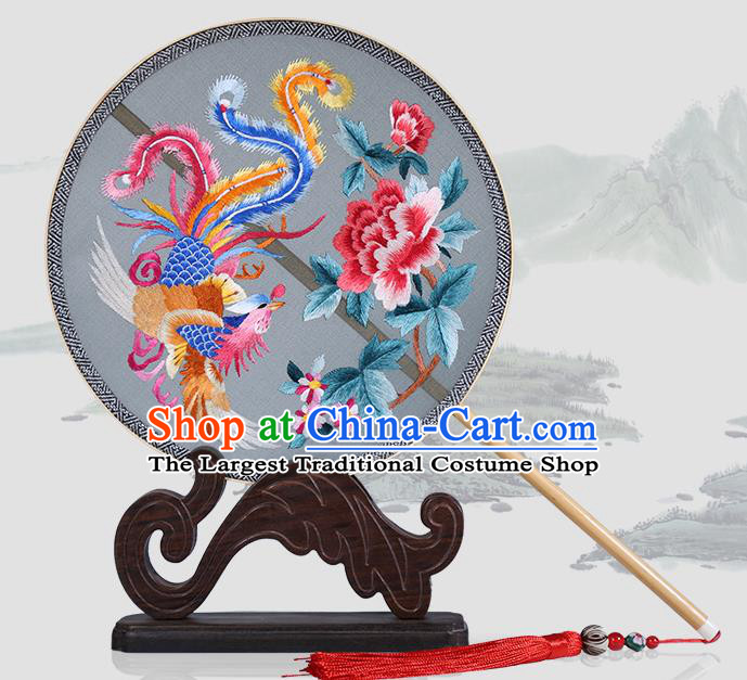 Traditional Chinese Crafts Palace Fans Embroidered Phoenix Peony Round Fans Ancient Silk Fan for Women