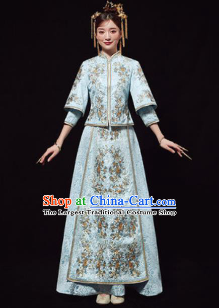 Chinese Traditional Wedding Costumes Blue Xiuhe Suits Ancient Bride Embroidered Dress for Women