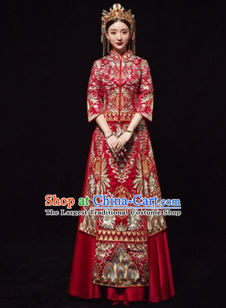 Chinese Traditional Wedding Costumes Embroidered Red Xiuhe Suits Ancient Bride Trailing Dress for Women