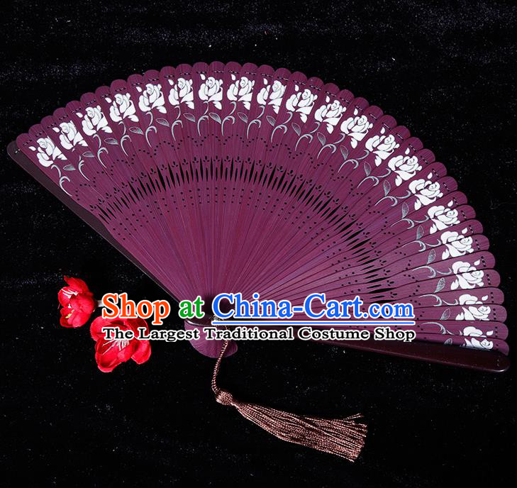 Chinese Traditional Crafts Purple Bamboo Folding Fans Pierced Fans Accordion Fan