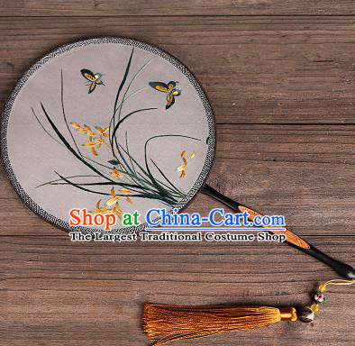 Chinese Traditional Palace Fans Embroidered Orchid Fans Ancient Hanfu Silk Round Fan for Women