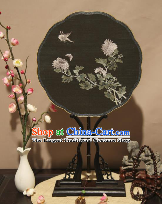 Chinese Ancient Traditional Palace Fans Hanfu Pure Silk Round Fans Embroidered Black Fan for Women