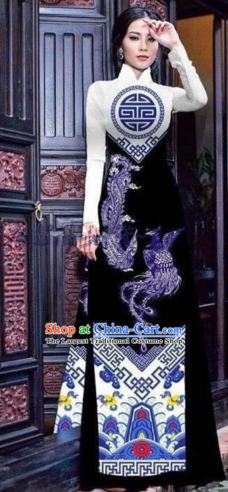 Asian Vietnam Traditional Printing Phoenix Black Cheongsam Vietnamese Ao Dai Qipao Dress for Women