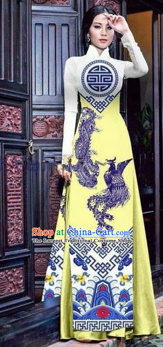 Asian Vietnam Traditional Printing Phoenix Yellow Cheongsam Vietnamese Ao Dai Qipao Dress for Women