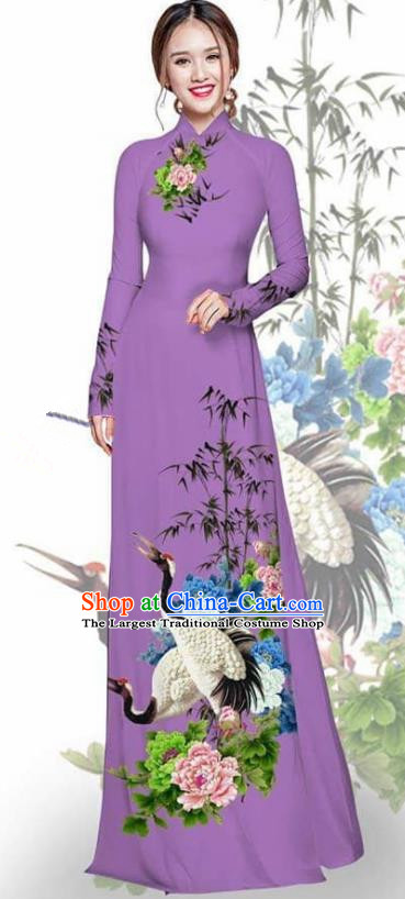 Asian Vietnam Traditional Printing Crane Peony Purple Cheongsam Vietnamese Ao Dai Qipao Dress for Women