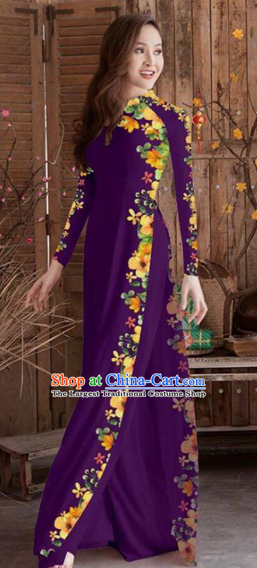 Asian Vietnam Traditional Printing Cheongsam Vietnamese Purple Ao Dai Qipao Dress for Women