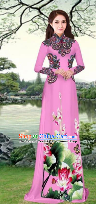 Asian Traditional Vietnam Female Costume Vietnamese Printing Lotus Pink Cheongsam Ao Dai Qipao Dress for Women