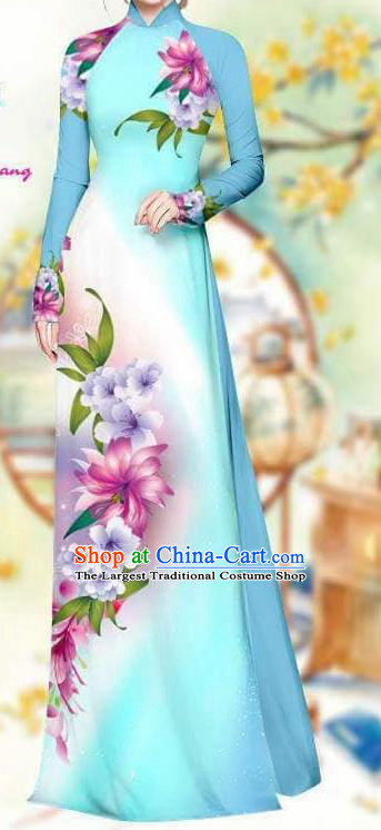 Asian Traditional Vietnam Female Costume Vietnamese Bride Blue Cheongsam Ao Dai Qipao Dress for Women