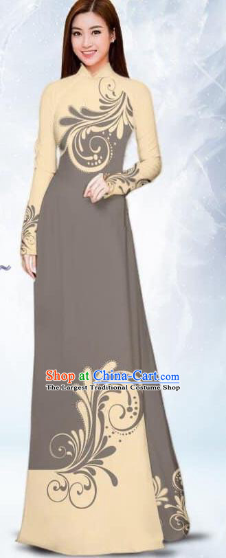 Asian Traditional Vietnam Female Costume Vietnamese Bride Grey Ao Dai Cheongsam for Women