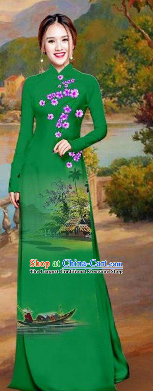 Asian Traditional Vietnam Bride Costume Vietnamese Printing Green Ao Dai Cheongsam for Women