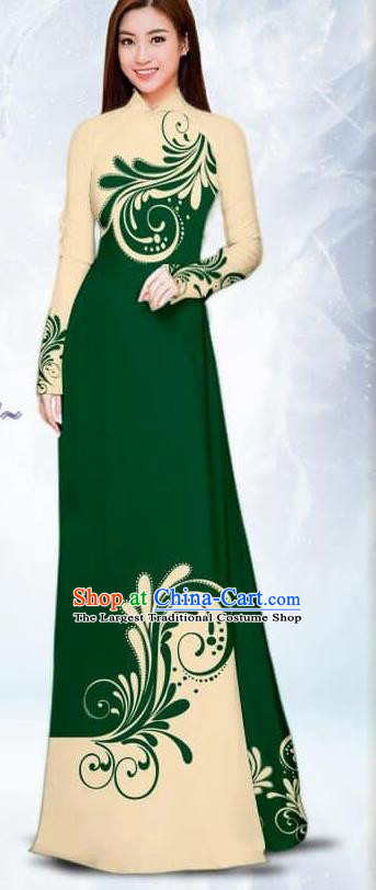 Asian Traditional Vietnam Female Costume Vietnamese Bride Atrovirens Ao Dai Cheongsam for Women