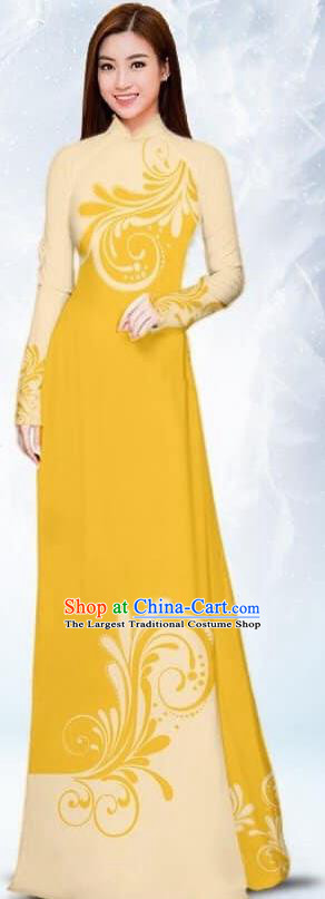 Asian Traditional Vietnam Female Costume Vietnamese Bride Yellow Ao Dai Cheongsam for Women