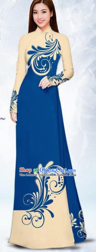 Asian Traditional Vietnam Female Costume Vietnamese Bride Deep Blue Ao Dai Cheongsam for Women