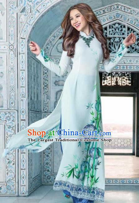 Asian Traditional Vietnam Female Costume Vietnamese Bride Printing Bamboo Ao Dai Cheongsam for Women