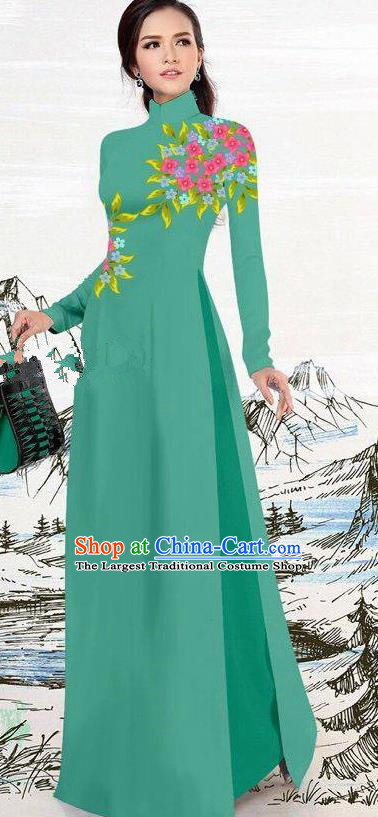 Asian Traditional Vietnam Female Costume Vietnamese Green Ao Dai Cheongsam for Women