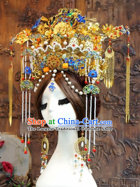 Chinese Ancient Wedding Queen Luxurious Blueing Phoenix Coronet Hair Jewelry Accessories Hairpins for Women