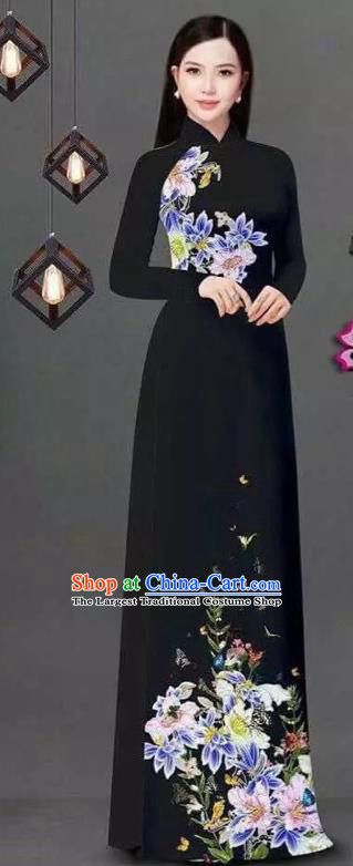 Vietnam Traditional Bride Costume Vietnamese Printing Flowers Black Ao Dai Qipao Dress Cheongsam for Women