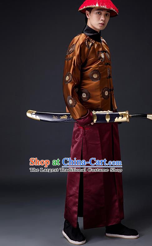 Traditional Chinese Ancient Drama Costumes Qing Dynasty Imperial Bodyguard Clothing And Hat For Men