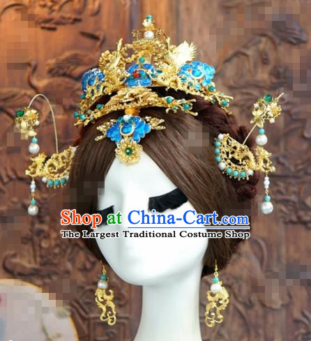 Chinese Ancient Queen Blueing Phoenix Coronet Wedding Bride Hairpins Headdress for Women