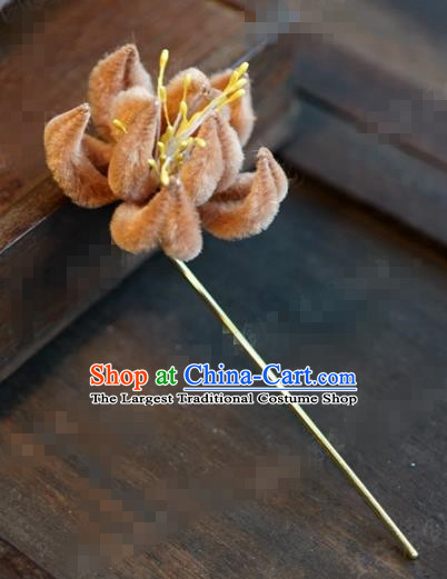 Chinese Ancient Queen Orange Velvet Flower Hair Clip Wedding Bride Headdress Hairpins for Women