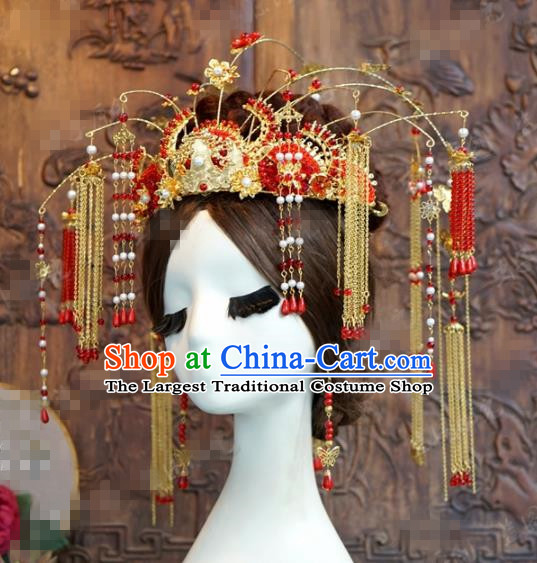 Chinese Ancient Empress Red Beads Tassel Phoenix Coronet Palace Wedding Hairpins Complete Set for Women