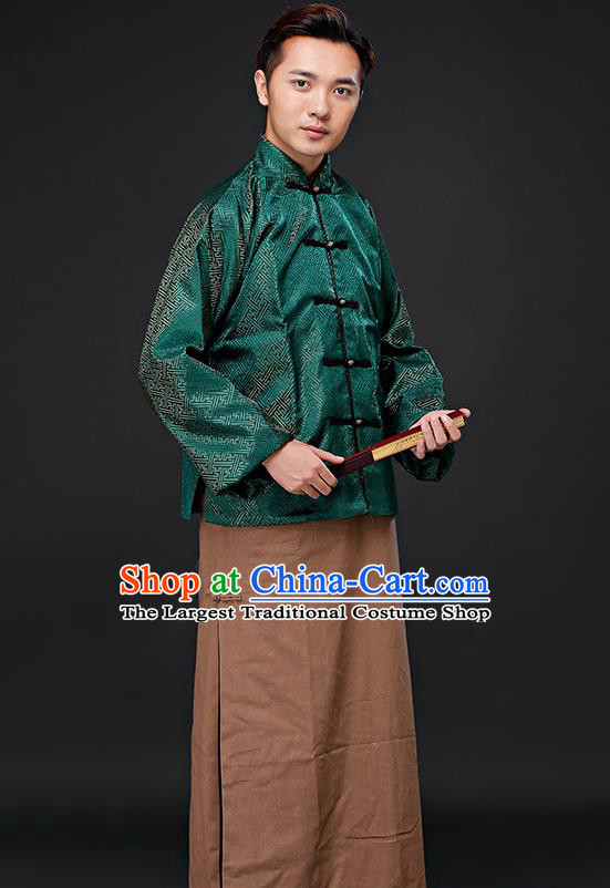 Chinese Ancient Republican Period Landlord Costumes Long Robe and Green Mandarin Jacket for Men