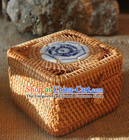 Asian Vietnamese Traditional Craft Rattan Tea Box Straw Plaited Storage Box