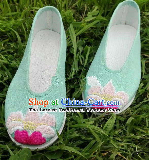 Chinese Traditional Hanfu Shoes Ancient Princess Green Embroidered Shoes Handmade Cloth Shoes for Women