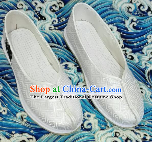 Chinese Traditional Hanfu Shoes Ancient White Embroidered Shoes Handmade Monk Shoes for Men