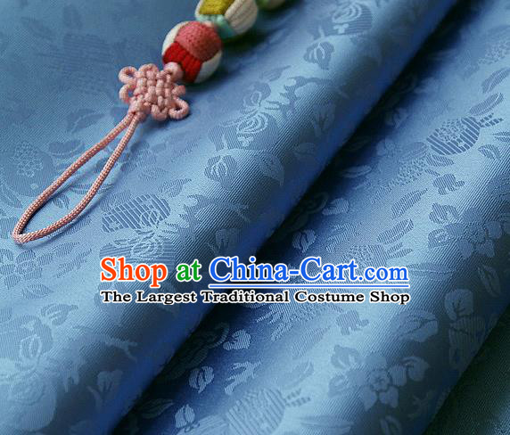 Traditional Asian Classical Pattern Blue Brocade Cloth Drapery Korean Hanbok Palace Satin Silk Fabric