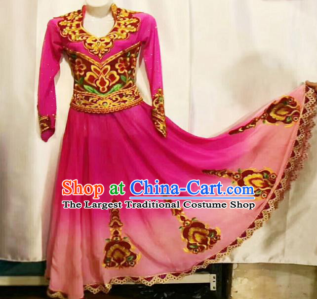 Chinese Ethnic Folk Dance Pink Dress Traditional National Uyghur Nationality Costumes for Women