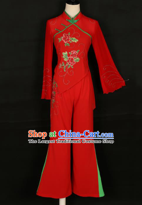 Chinese Traditional Folk Dance Costumes Yanko Dance Fan Dance Red Clothing for Women