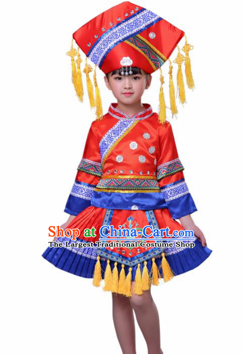 Chinese Traditional Zhuang Nationality Folk Dance Red Dress Ethnic Dance Costumes for Kids