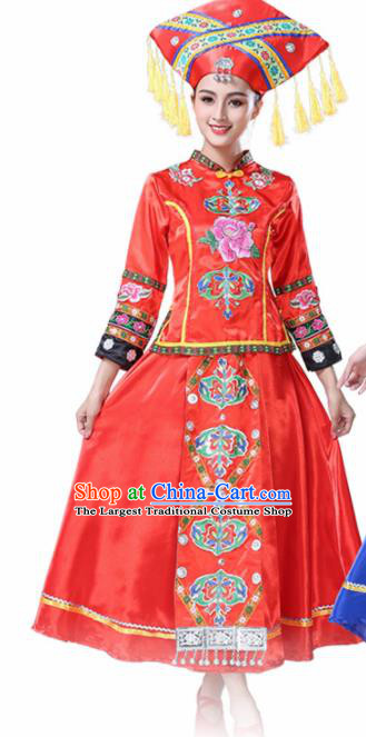 Chinese Ethnic Minority Red Embroidered Dress Traditional Zhuang Nationality Folk Dance Costumes for Women