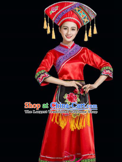 Chinese Yi Ethnic Minority Red Embroidered Dress Traditional Zhuang Nationality Folk Dance Costumes for Women