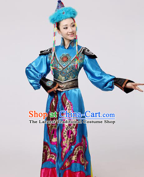 Chinese Traditional Mongolian Minority Blue Dress Mongols Ethnic Folk Dance Costumes for Women