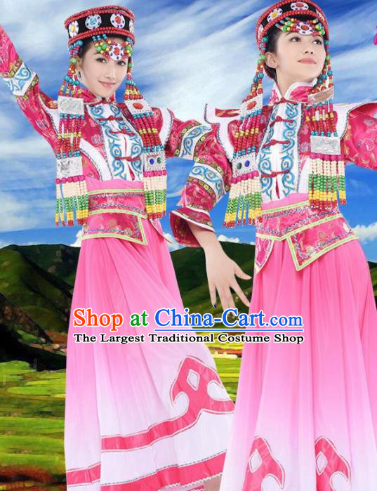 Chinese Traditional Mongolian Minority Pink Dress Ethnic Folk Dance Costumes for Women